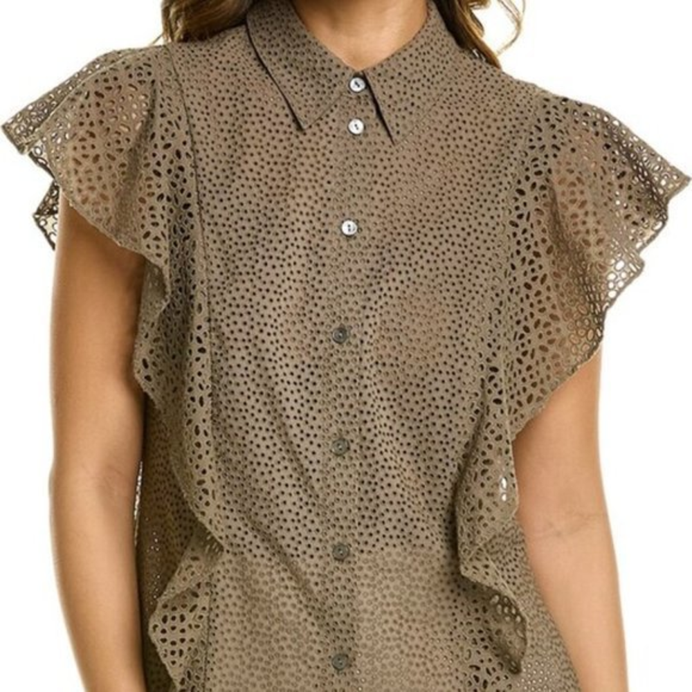 Theory Cotton Eyelet Ruffle Button up‎ Top in Willow Shirt Petite